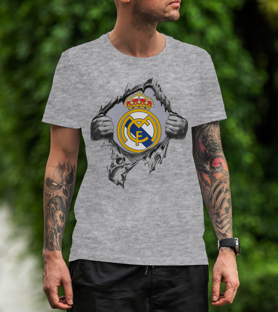Real Madrid Super Fan Logo Symbol With Hands Ripping Through T-Shirt