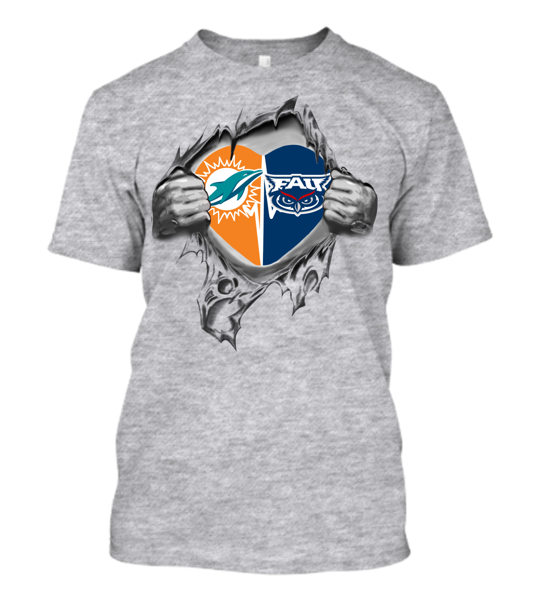 Miami Dolphins Florida Atlantic Owls Heart Split Fan Pride T-Shirt