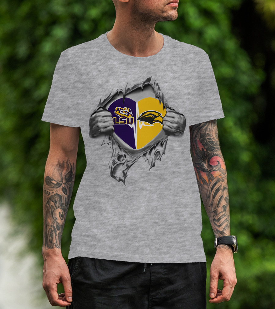 Lsu Southern Mississippi Golden Eagles Heart-Shaped Logo Torn Fabric T-Shirt