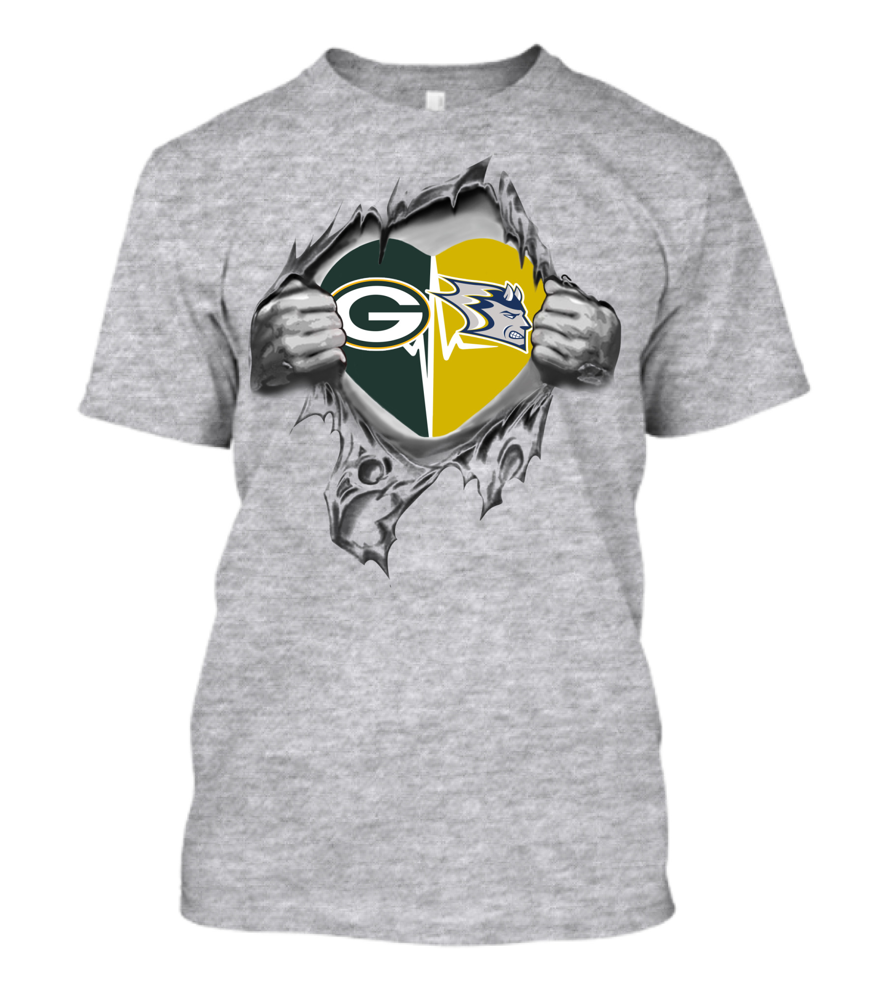 Packers Stout Blue Devils Heart With Green Bay And Duke Logos T-Shirt