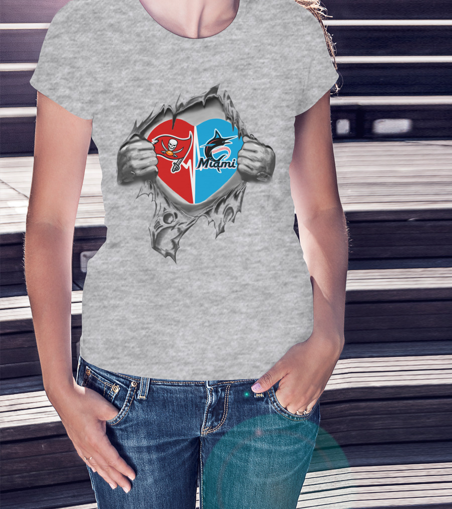 Ripped Heart Featuring Buccaneers And Marlins Logos T-Shirt