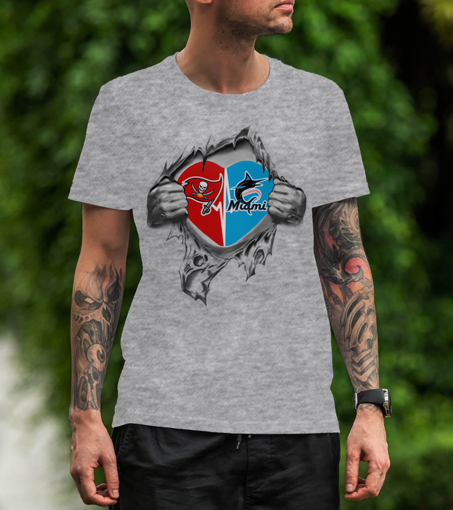 Ripped Heart Featuring Buccaneers And Marlins Logos T-Shirt