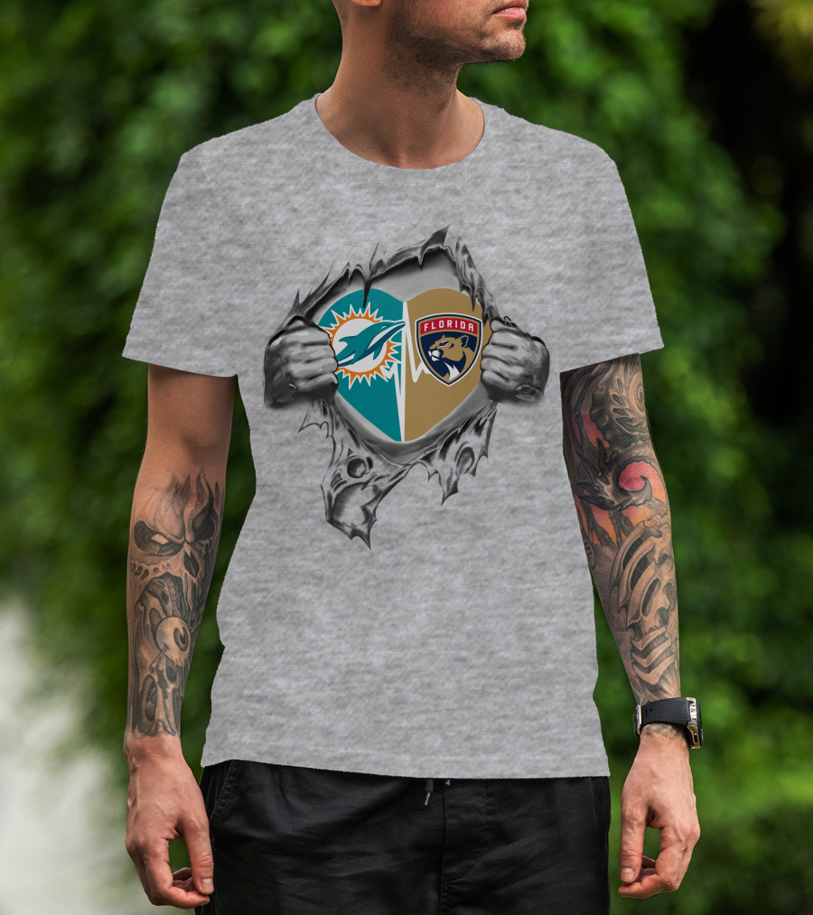 Miami Dolphins Florida Panthers Heart Design 27 Fan Tribute T-Shirt
