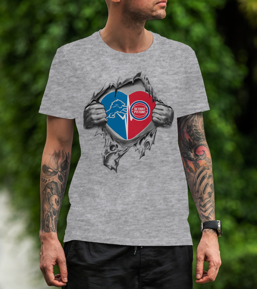 Detroit Lions And Detroit Pistons Heart Design With Hands Tearing Open T-Shirt
