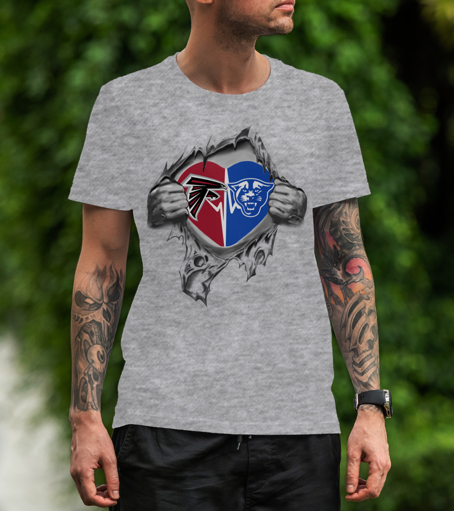Falcons Georgia State Panthers Heart With Falcons And Panthers Logos T-Shirt