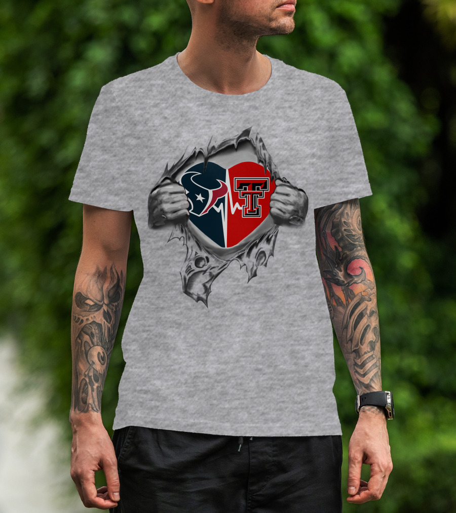 Texans Texas Tech Red Raiders Heart Inside Ripped Hands T-Shirt