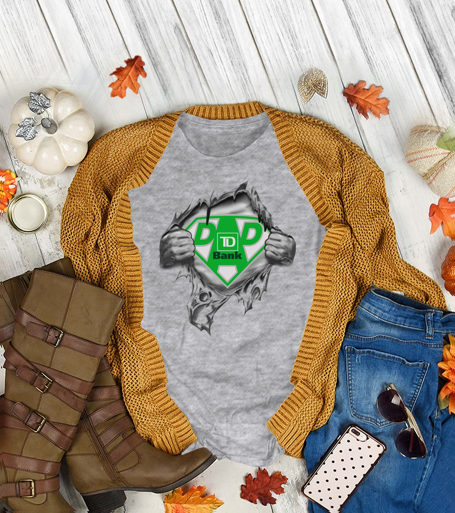 Td Bank Super Dad Logo With Heroic Shield And Ripped T-Shirt