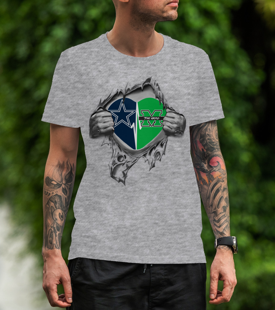 Cowboys Marshall Thundering Herd Heart Design With Star And The Herd Logos T-Shirt
