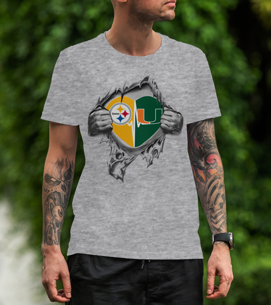 Steelers Miami Hurricanes Heart Symbol With Logos T-Shirt