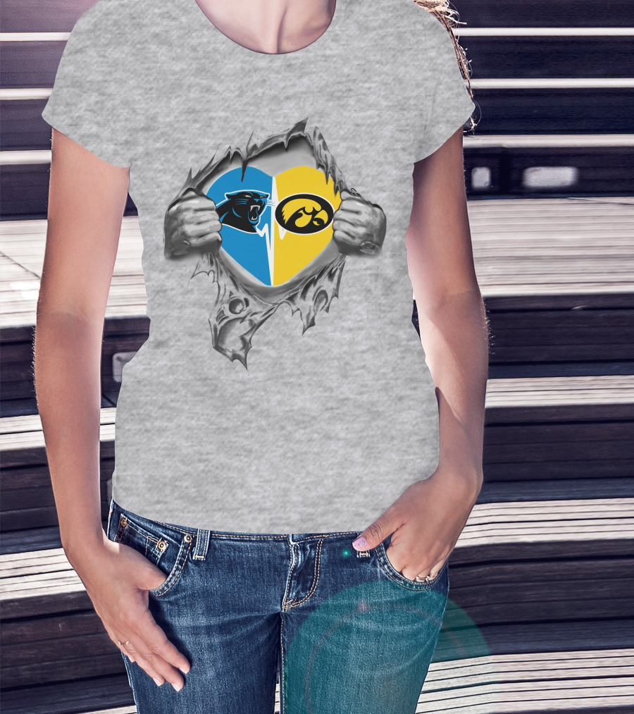 Carolina Panthers Iowa Hawkeyes Heart Logo Fusion T-Shirt