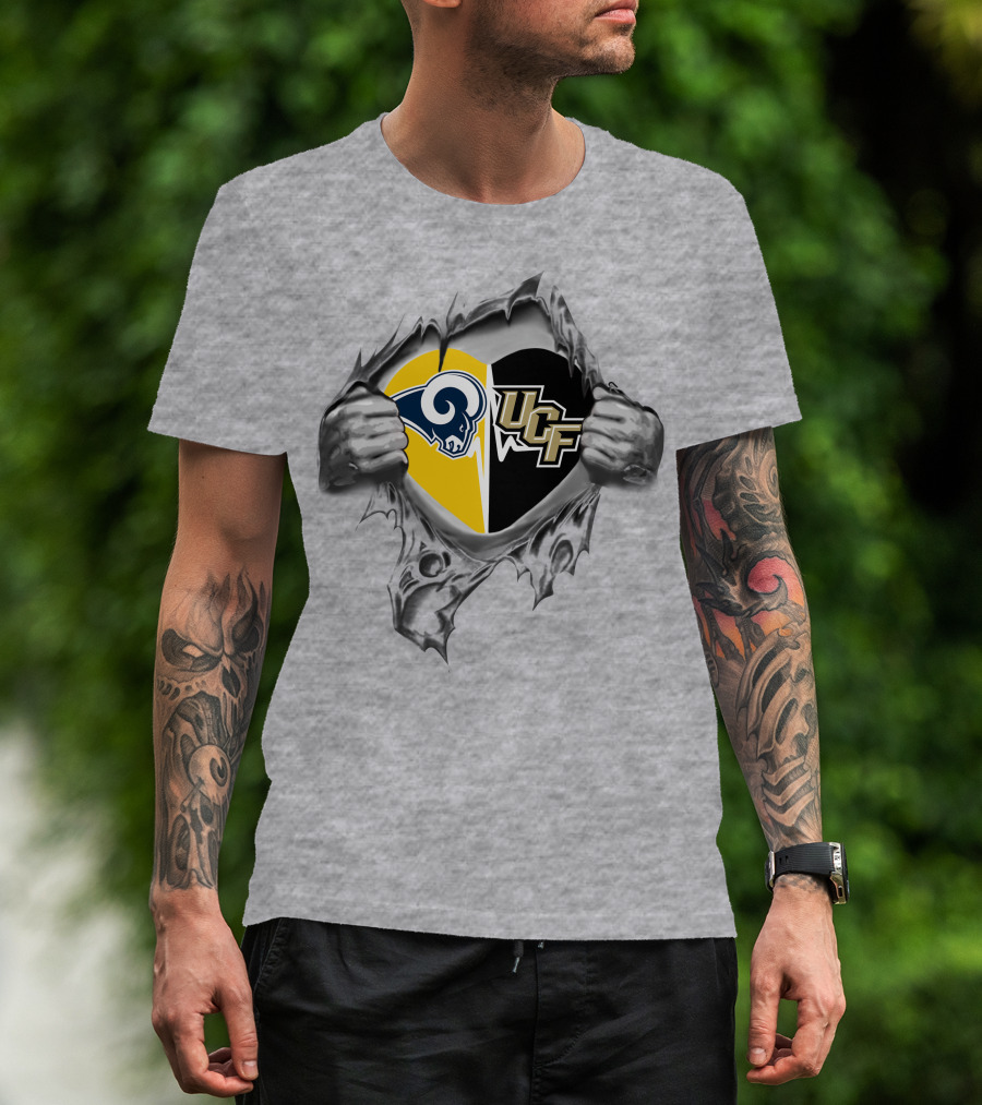 Rams Ucf Knights Heart Design With Mascots In Gray T-Shirt