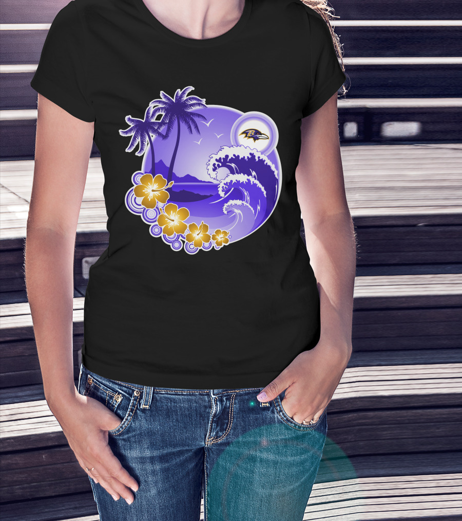Baltimore Ravens Happy Holidays Tropical Paradise With Wave And Flowers T-Shirt