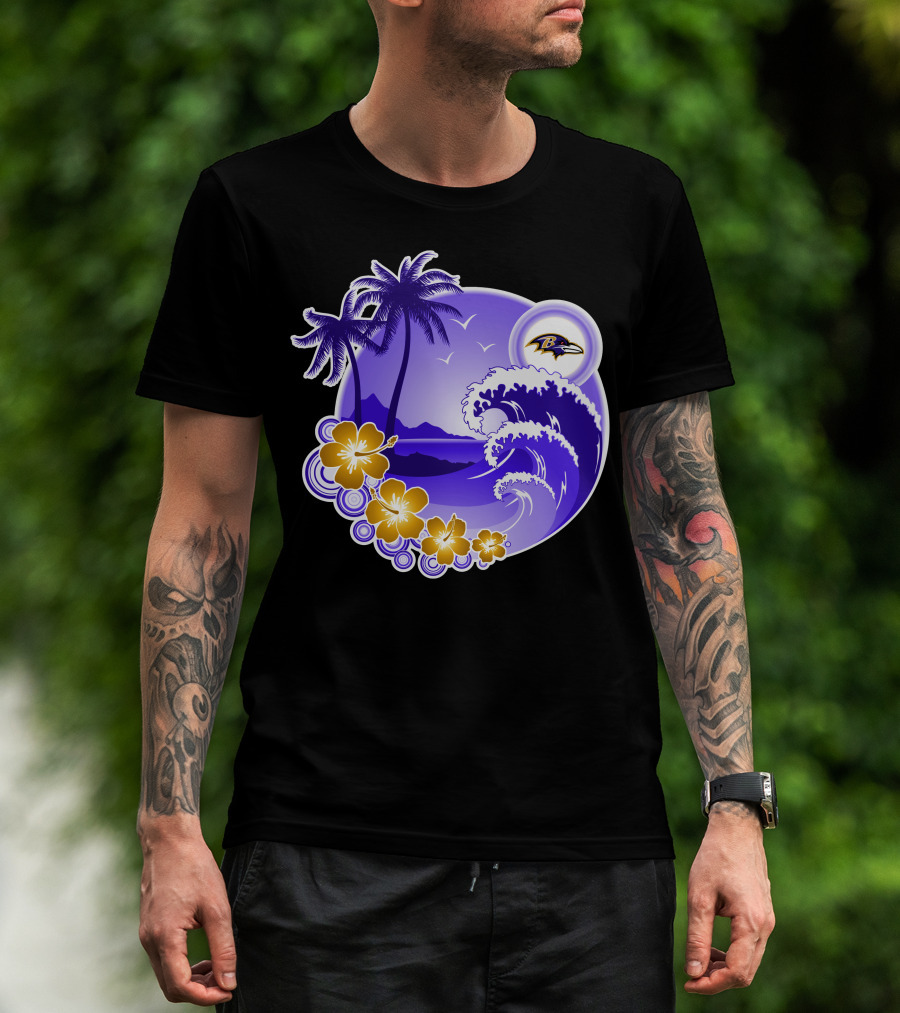 Baltimore Ravens Happy Holidays Tropical Paradise With Wave And Flowers T-Shirt
