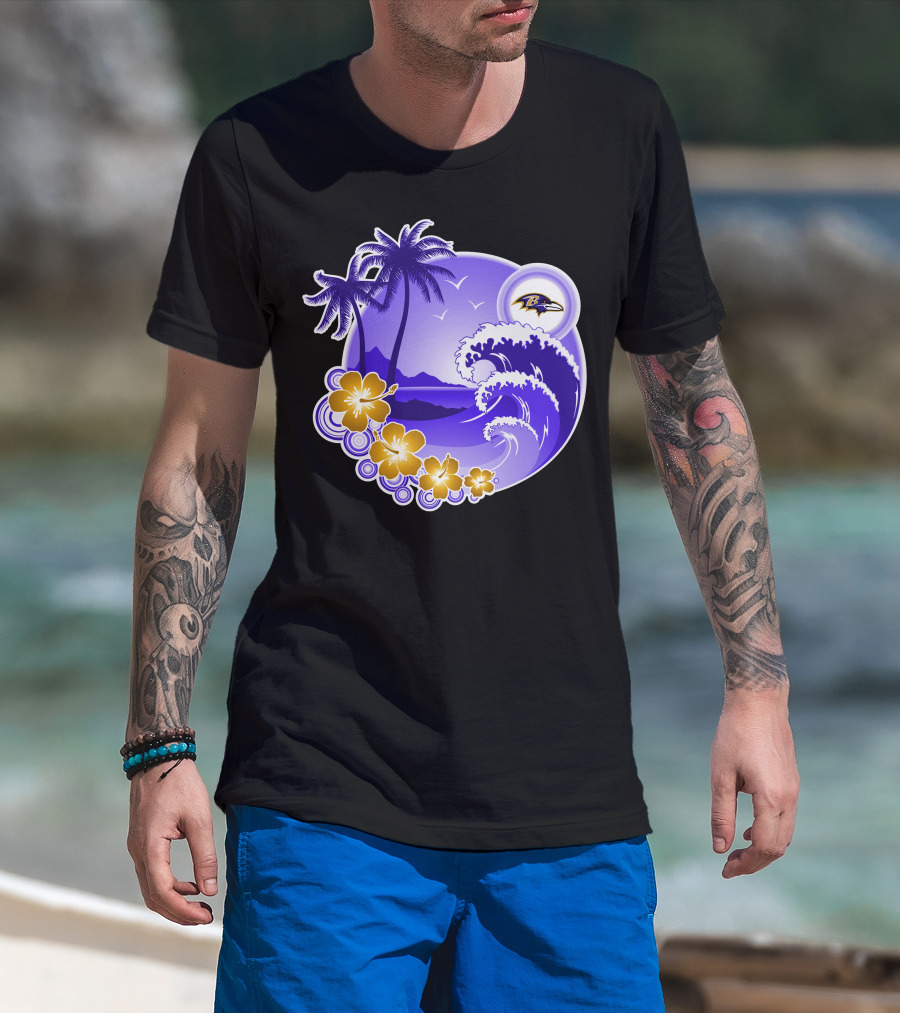 Baltimore Ravens Happy Holidays Tropical Paradise With Wave And Flowers T-Shirt