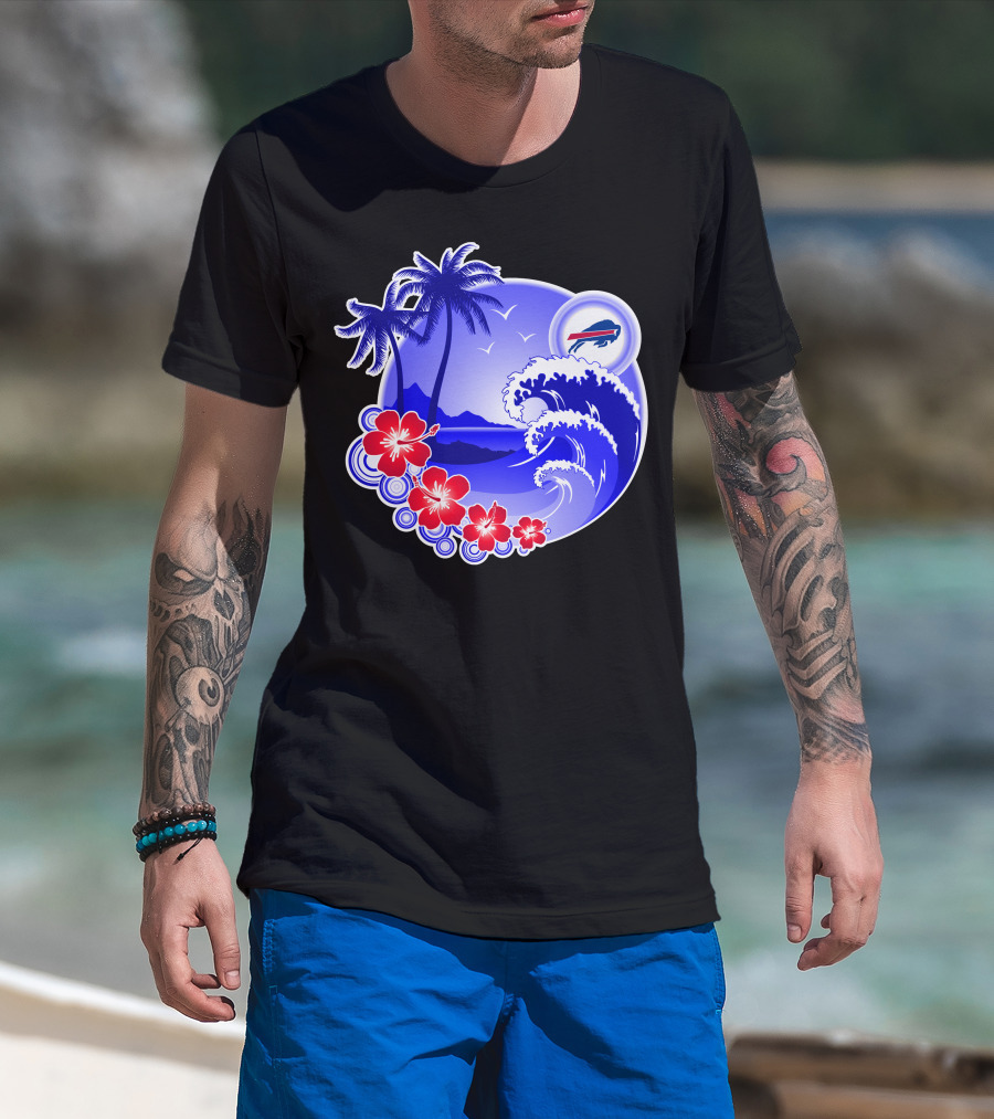 Buffalo Bills Happy Holidays Tropical Scene With Waves And Palms T-Shirt