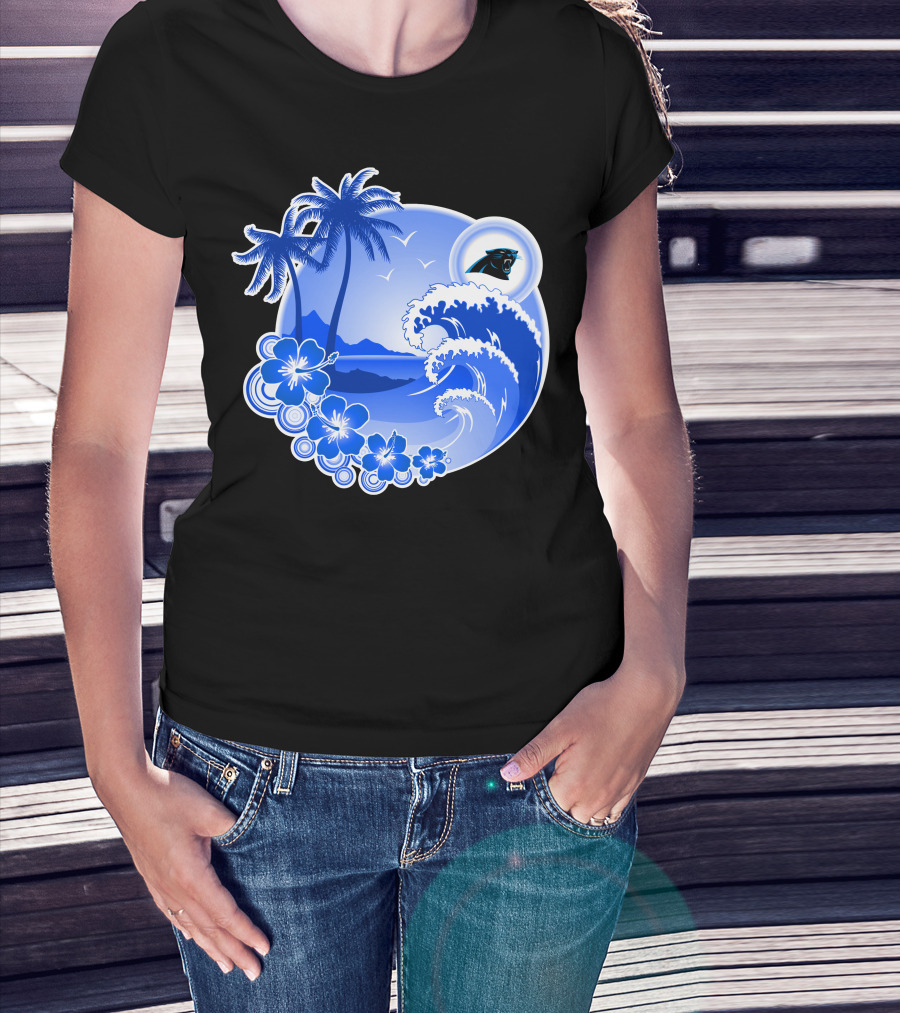 Carolina Panthers Happy Holidays Tropical Wave And Palm Trees T-Shirt