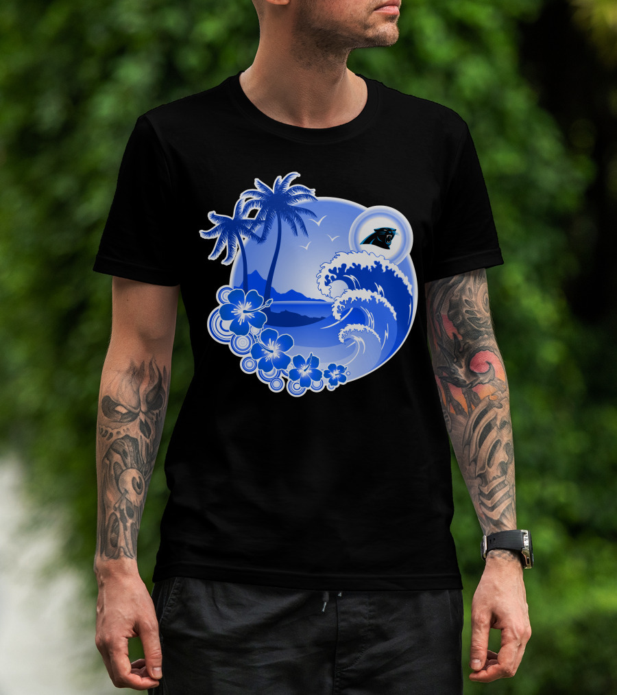 Carolina Panthers Happy Holidays Tropical Wave And Palm Trees T-Shirt