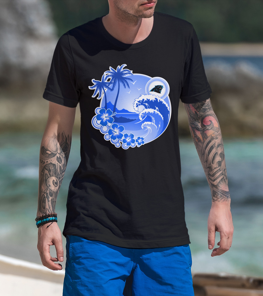 Carolina Panthers Happy Holidays Tropical Wave And Palm Trees T-Shirt