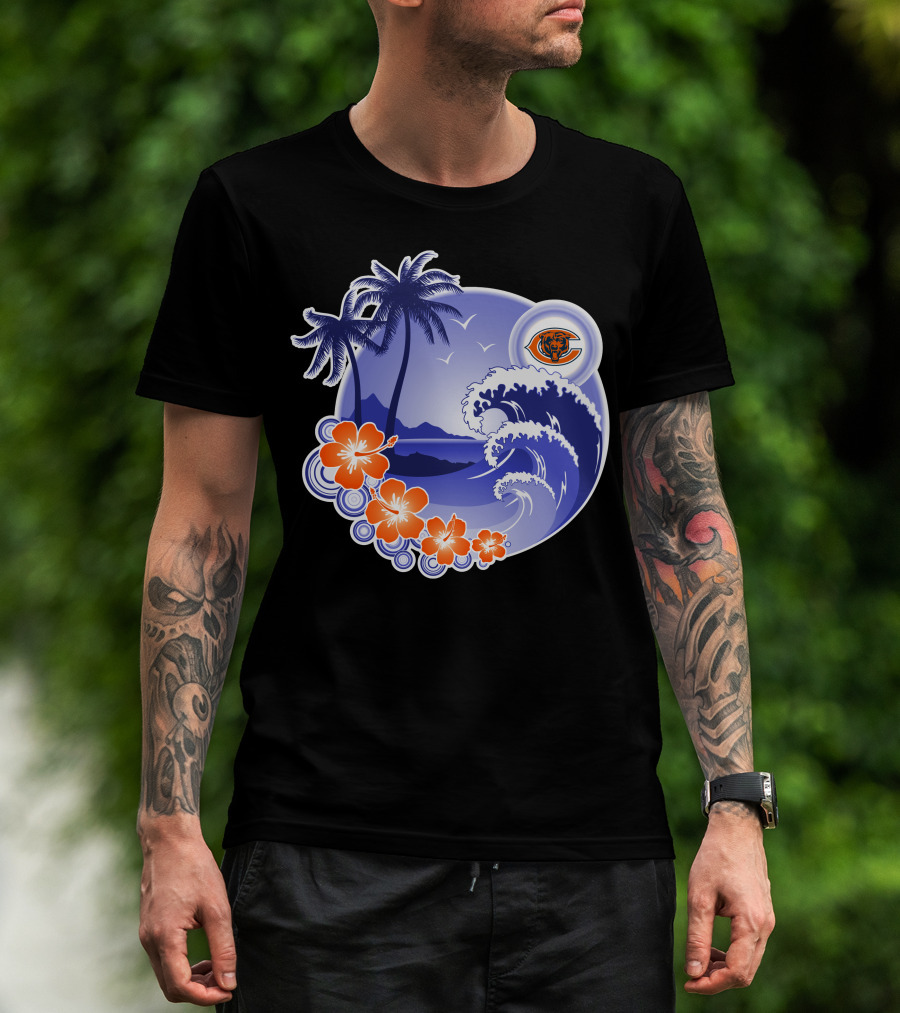 Chicago Bears Happy Holidays Palm Trees And Ocean Wave T-Shirt