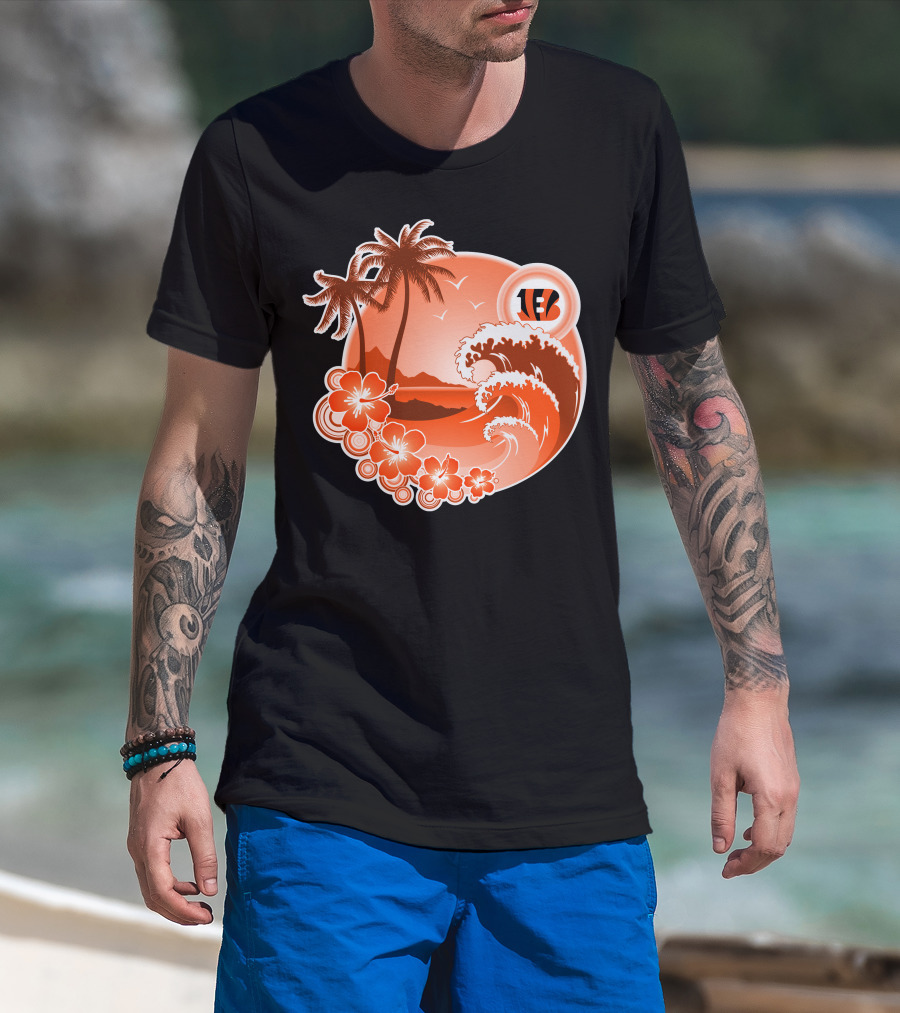 Cincinnati Bengals Holiday Hawaiian Beach Wave And Palm Flowers T-Shirt