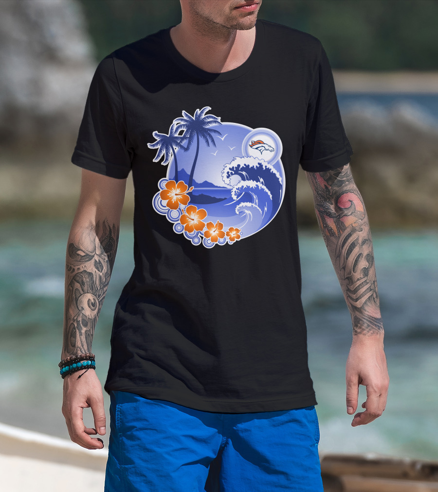Denver Broncos Happy Holidays Tropical Beach Scene T-Shirt