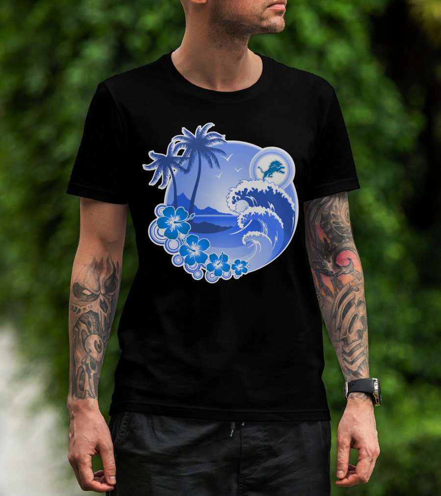 Detroit Lions Happy Holidays Tropical Wave And Palm Trees T-Shirt