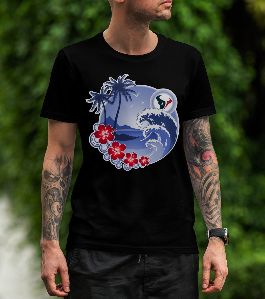 Houston Texans Happy Holidays Tropical Floral Beach Waves T-Shirt