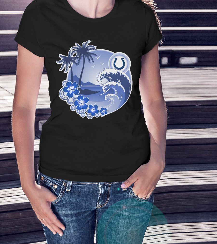 Indianapolis Colts Happy Holidays Wave And Palm Trees With Horseshoe T-Shirt