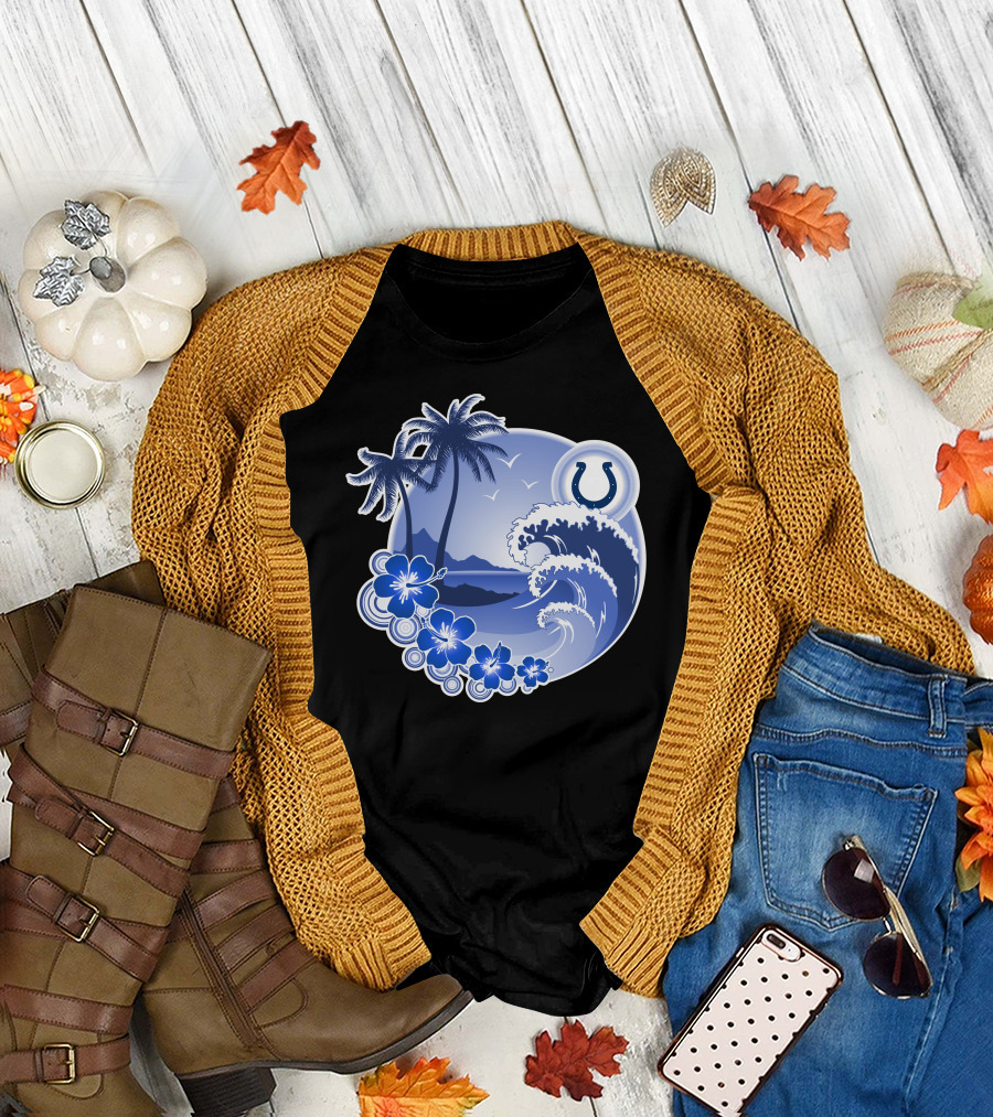 Indianapolis Colts Happy Holidays Wave And Palm Trees With Horseshoe T-Shirt