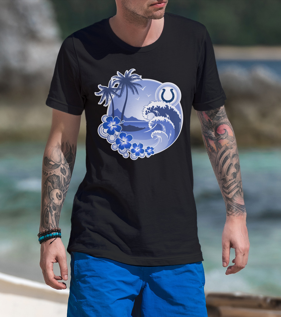 Indianapolis Colts Happy Holidays Wave And Palm Trees With Horseshoe T-Shirt