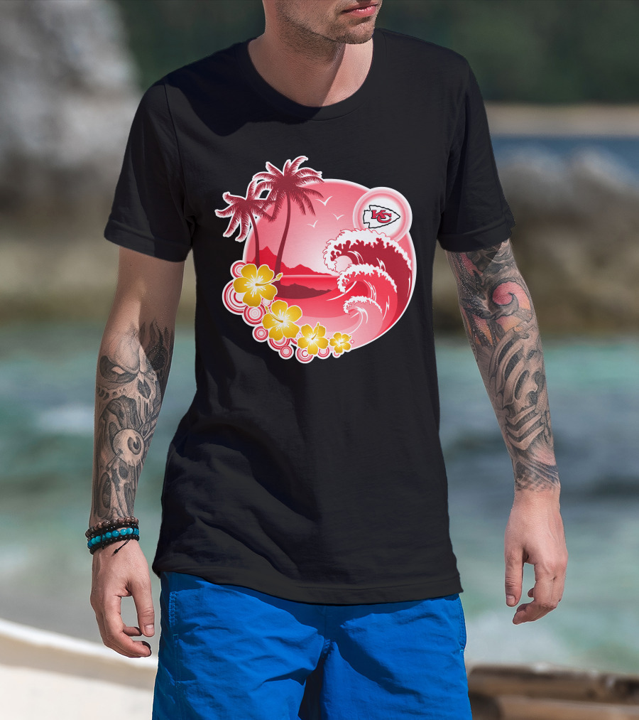 Kansas City Chiefs Happy Holidays Beach Wave Palm Trees Flowers Red T-Shirt