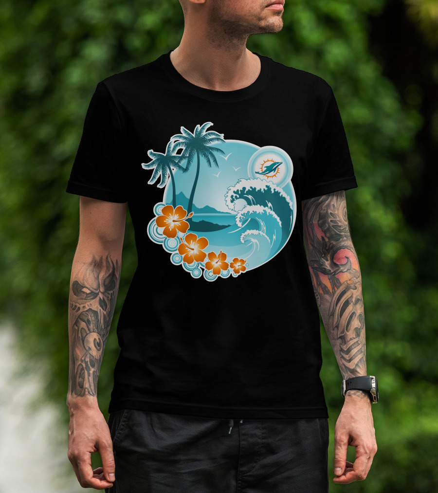Miami Dolphins Happy Holidays Tropical Wave And Palm Trees Scene T-Shirt
