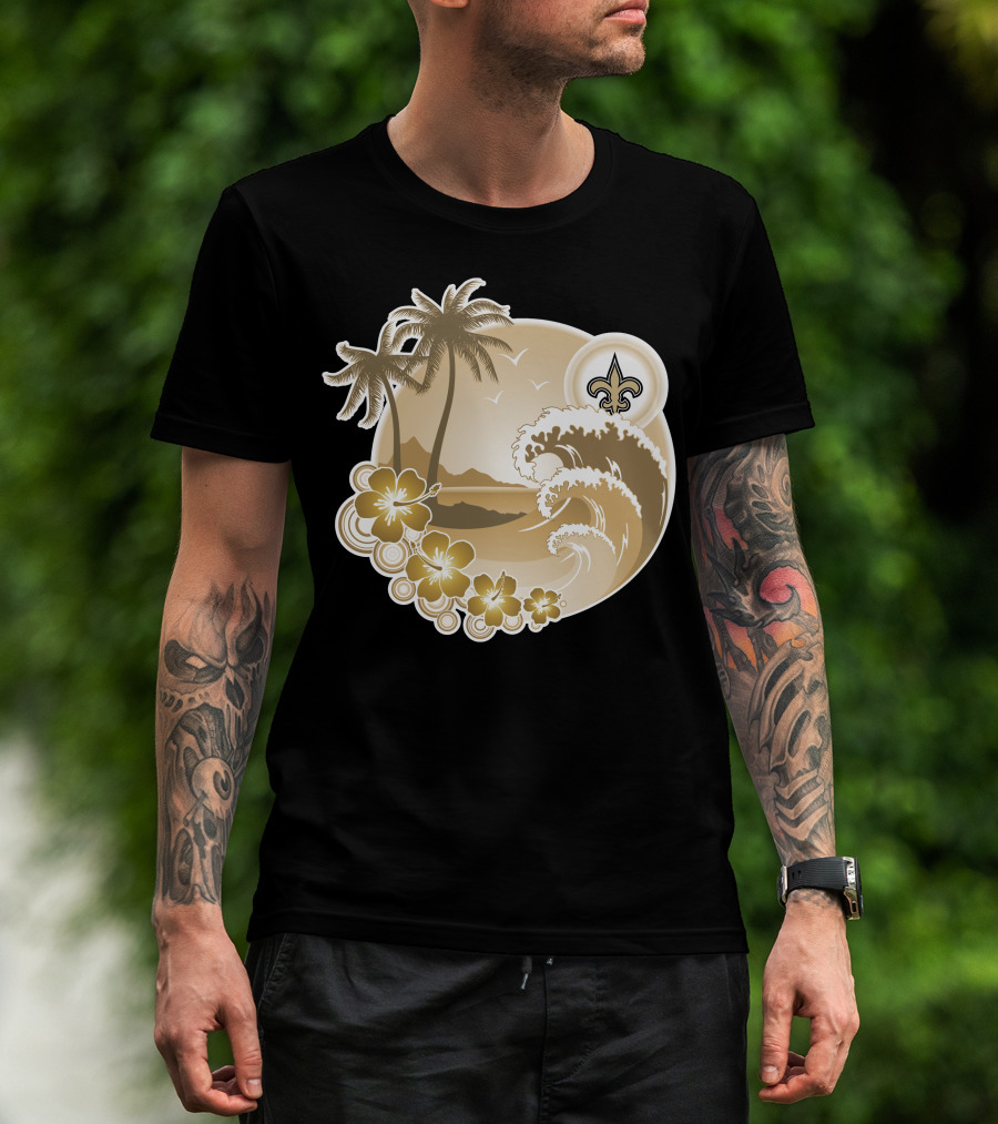 New Orleans Saints Happy Holidays Fleur-De-Lis Tropical Scene T-Shirt