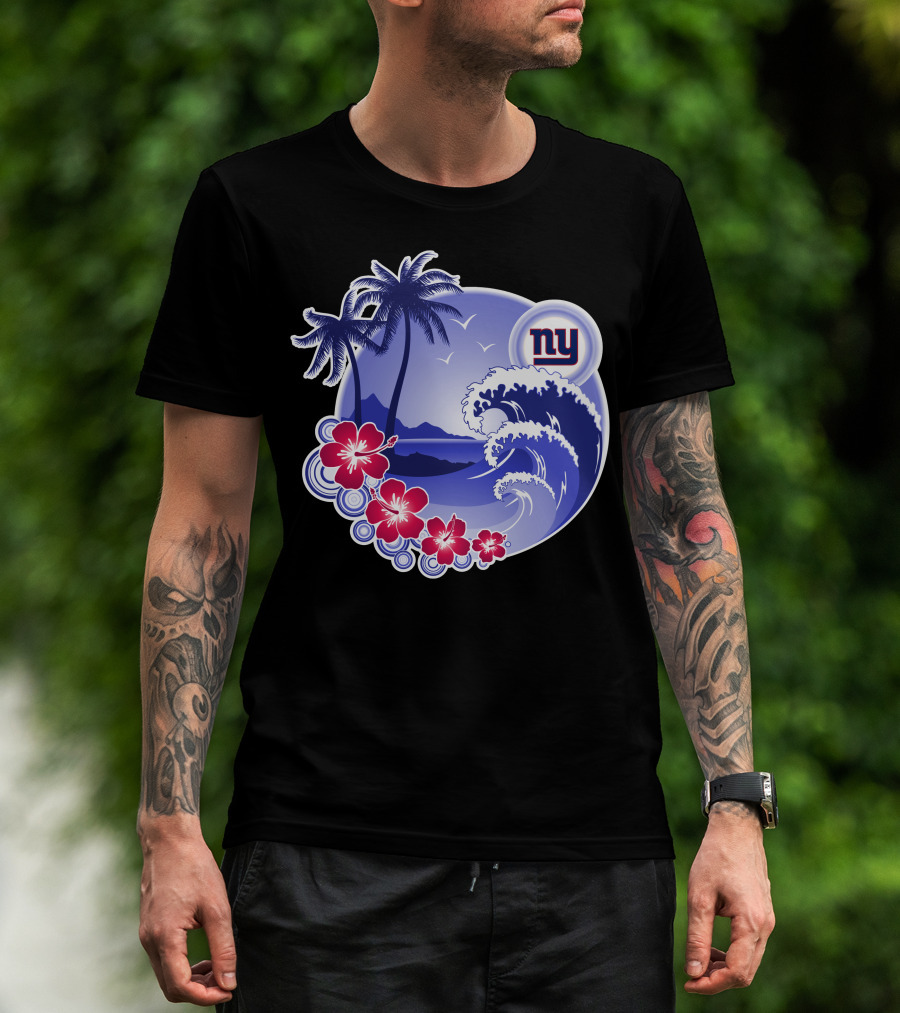 New York Giants Tropical Island Wave And Palm Trees T-Shirt