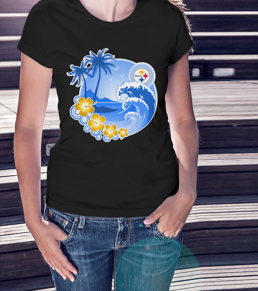 Pittsburgh Steelers Happy Holidays Tropical Waves Palm Trees Flowers T-Shirt
