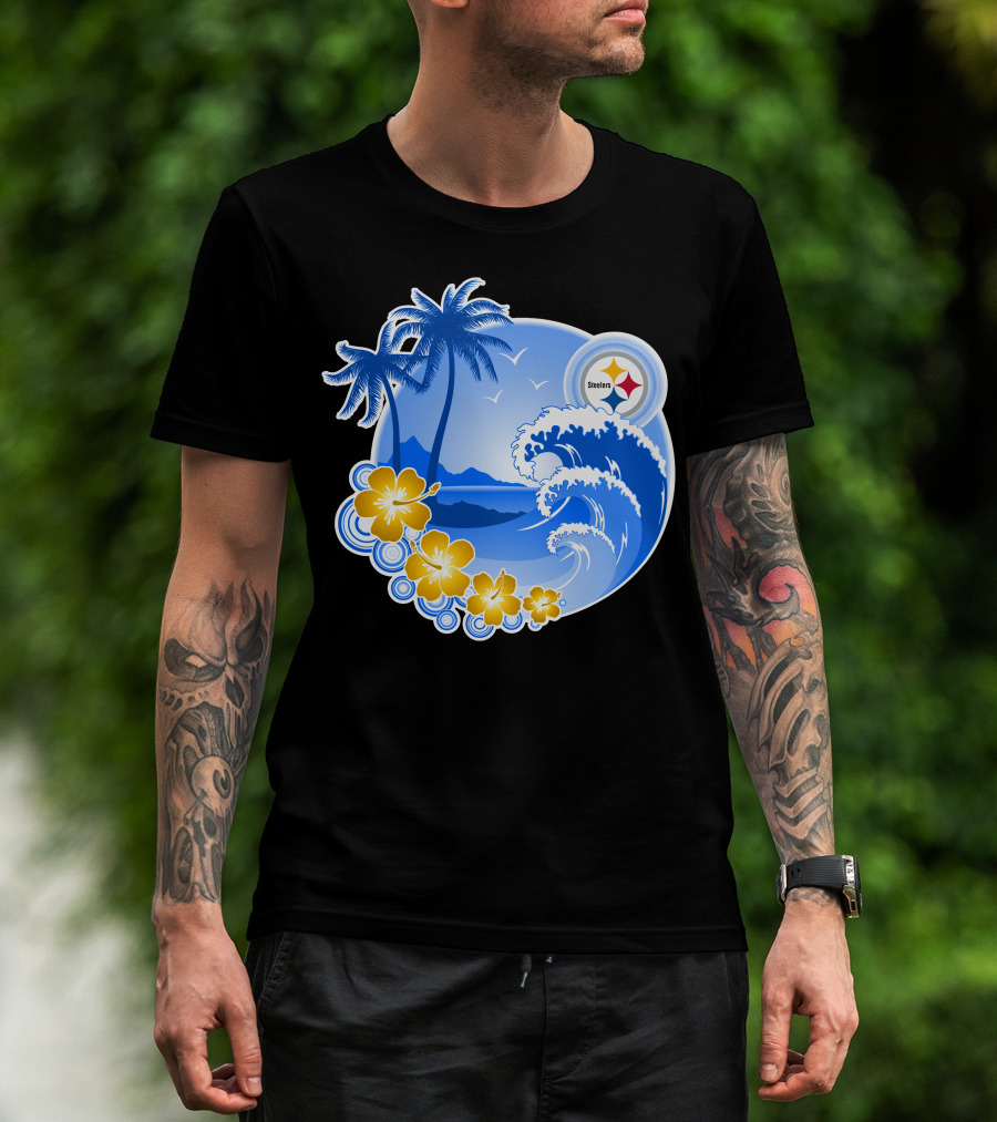Pittsburgh Steelers Happy Holidays Tropical Waves Palm Trees Flowers T-Shirt