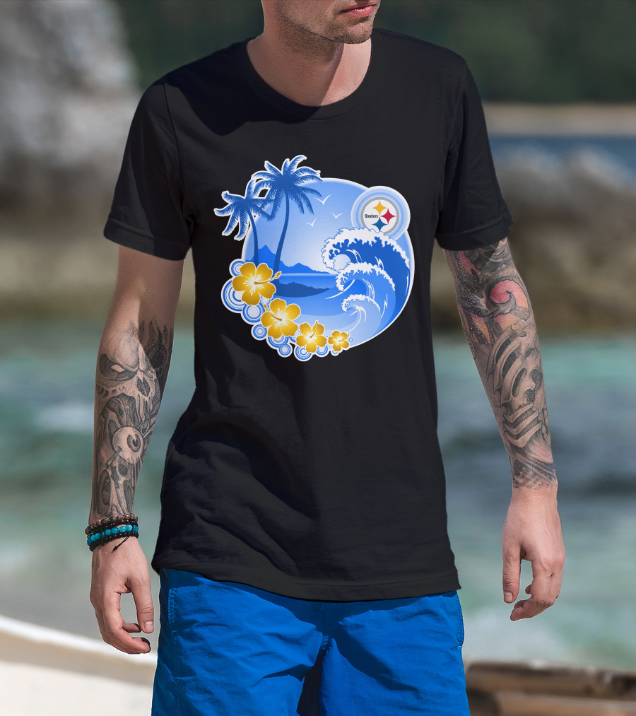 Pittsburgh Steelers Happy Holidays Tropical Waves Palm Trees Flowers T-Shirt