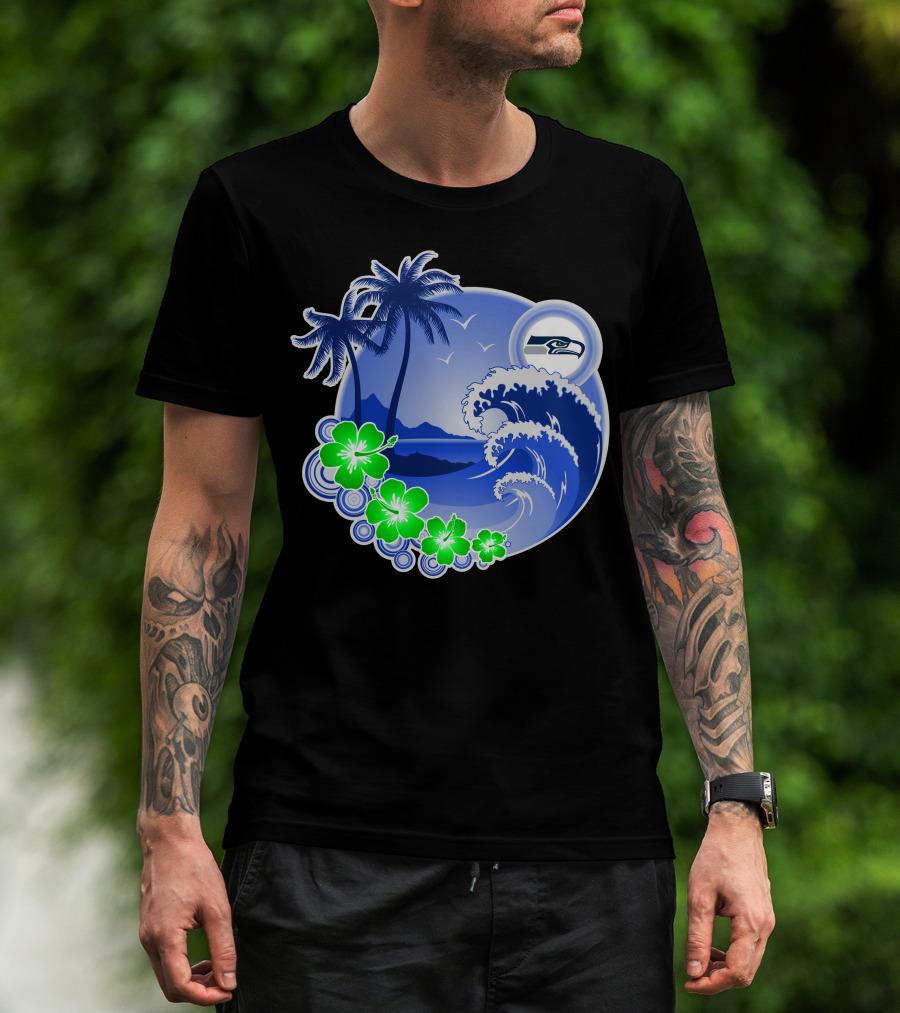 Seattle Seahawks Tropical Beach Happy Holidays Wave And Palm Trees T-Shirt