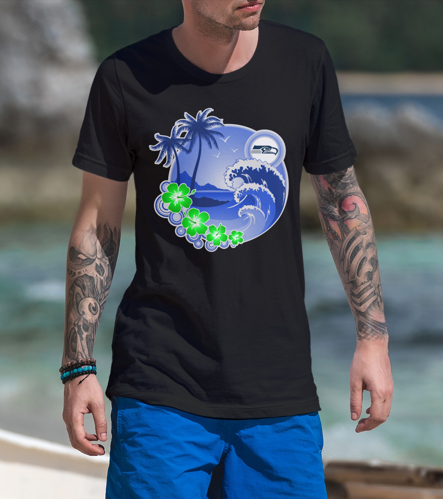 Seattle Seahawks Tropical Beach Happy Holidays Wave And Palm Trees T-Shirt