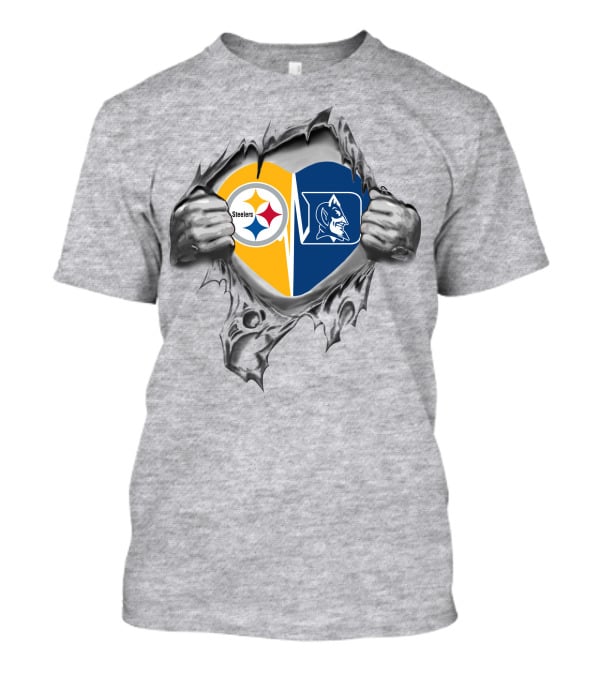 Steelers Duke Blue Devils Heart With Logos Inside Ripped Hands T-Shirt