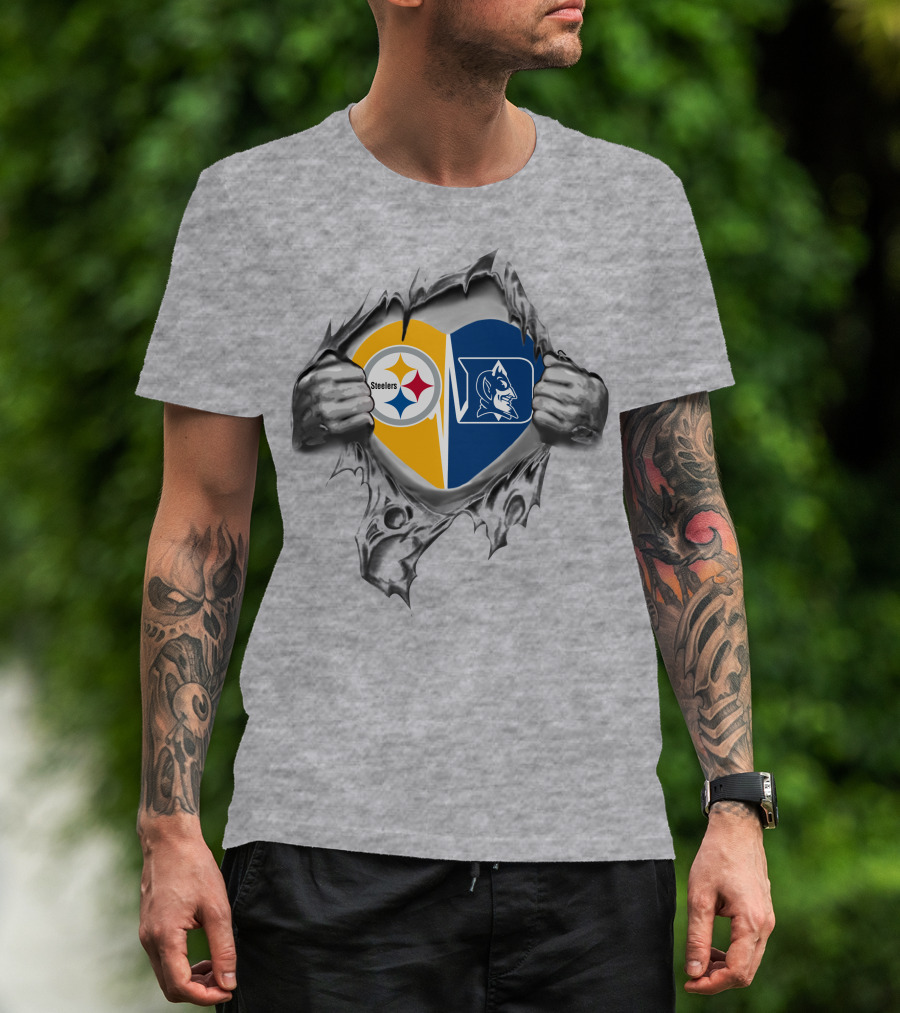 Steelers Duke Blue Devils Heart With Logos Inside Ripped Hands T-Shirt
