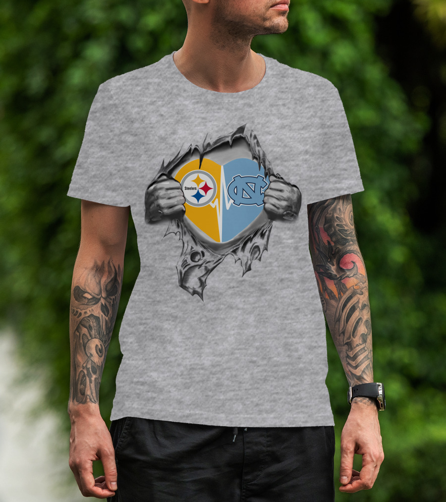 Steelers North Carolina Tar Heels Heart Torn Reveal T-Shirt