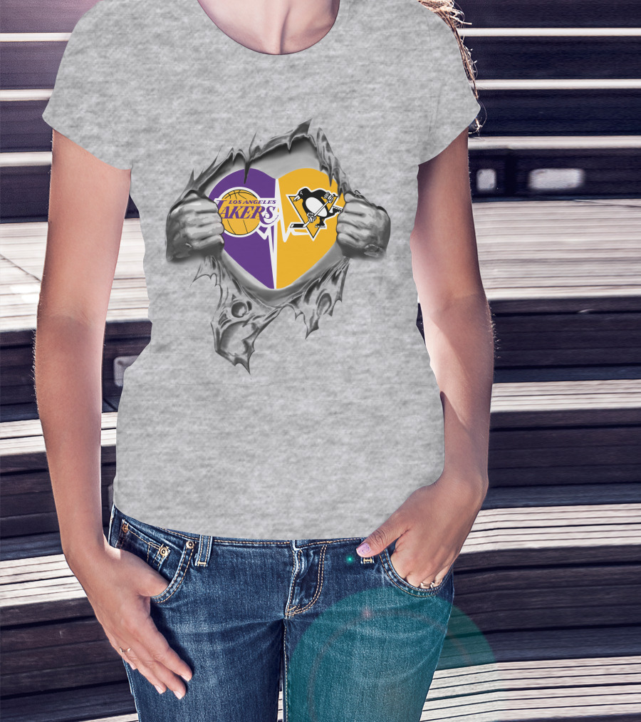 Los Angeles Lakers Pittsburgh Penguins Heartbeat Fusion T-Shirt