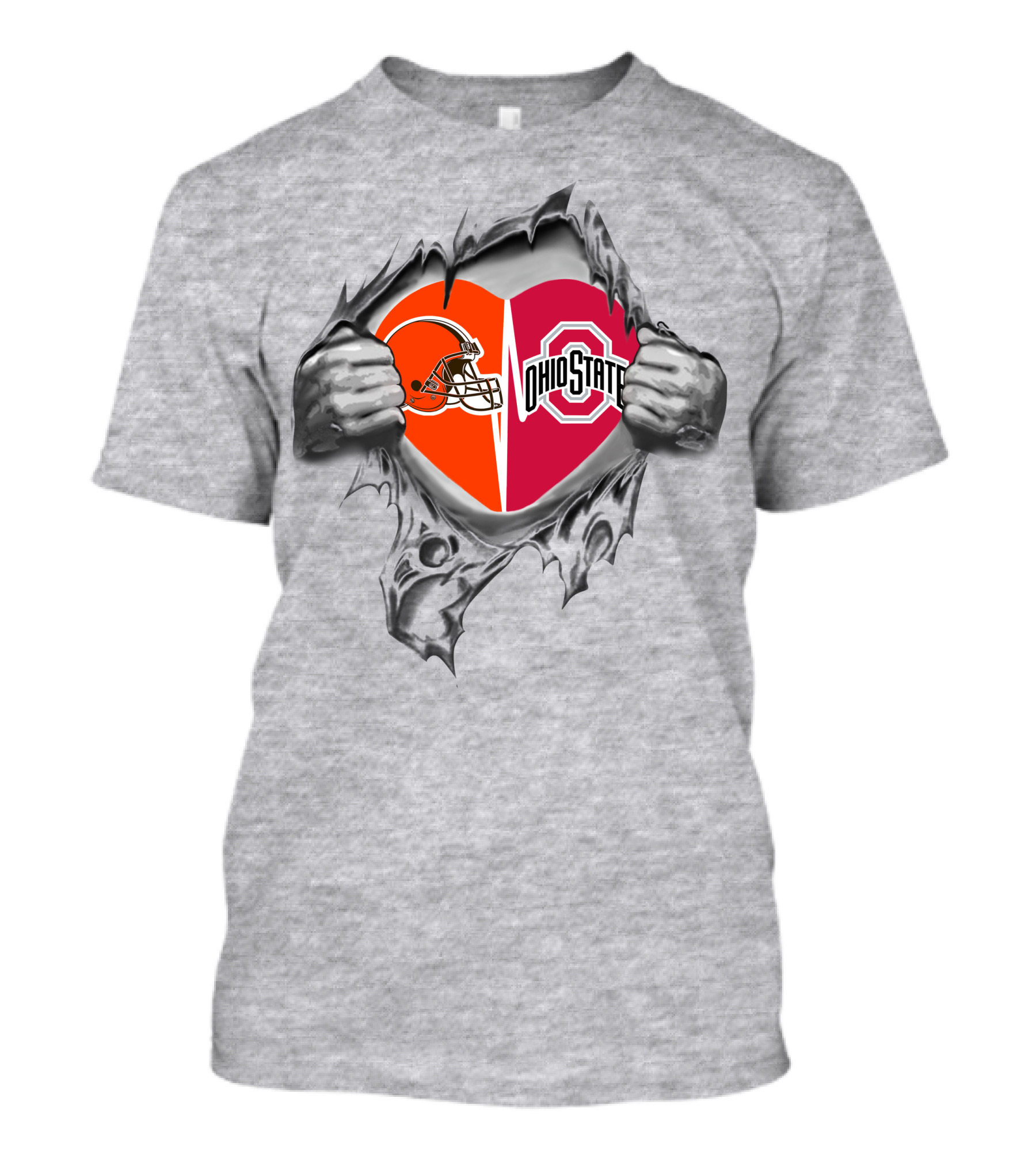 Browns And Ohio State Buckeyes Heart Inside Gray Teared T-Shirt