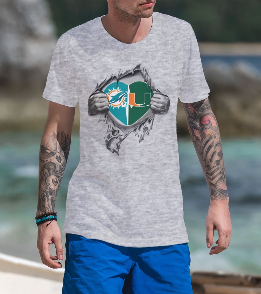 Dolphins Miami Hurricanes Heart Logo Tear T-Shirt