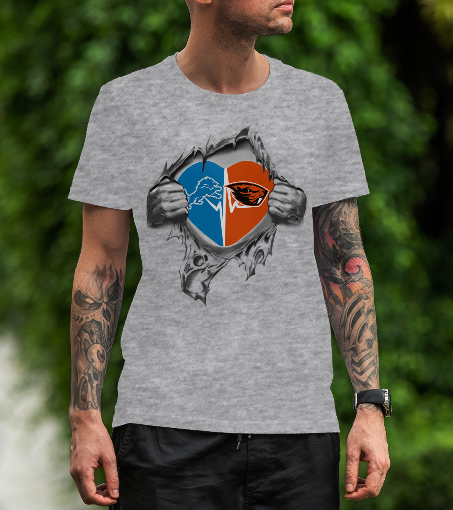 Lions Oregon State Beavers Heart Design With Logos And Ripped Hands T-Shirt