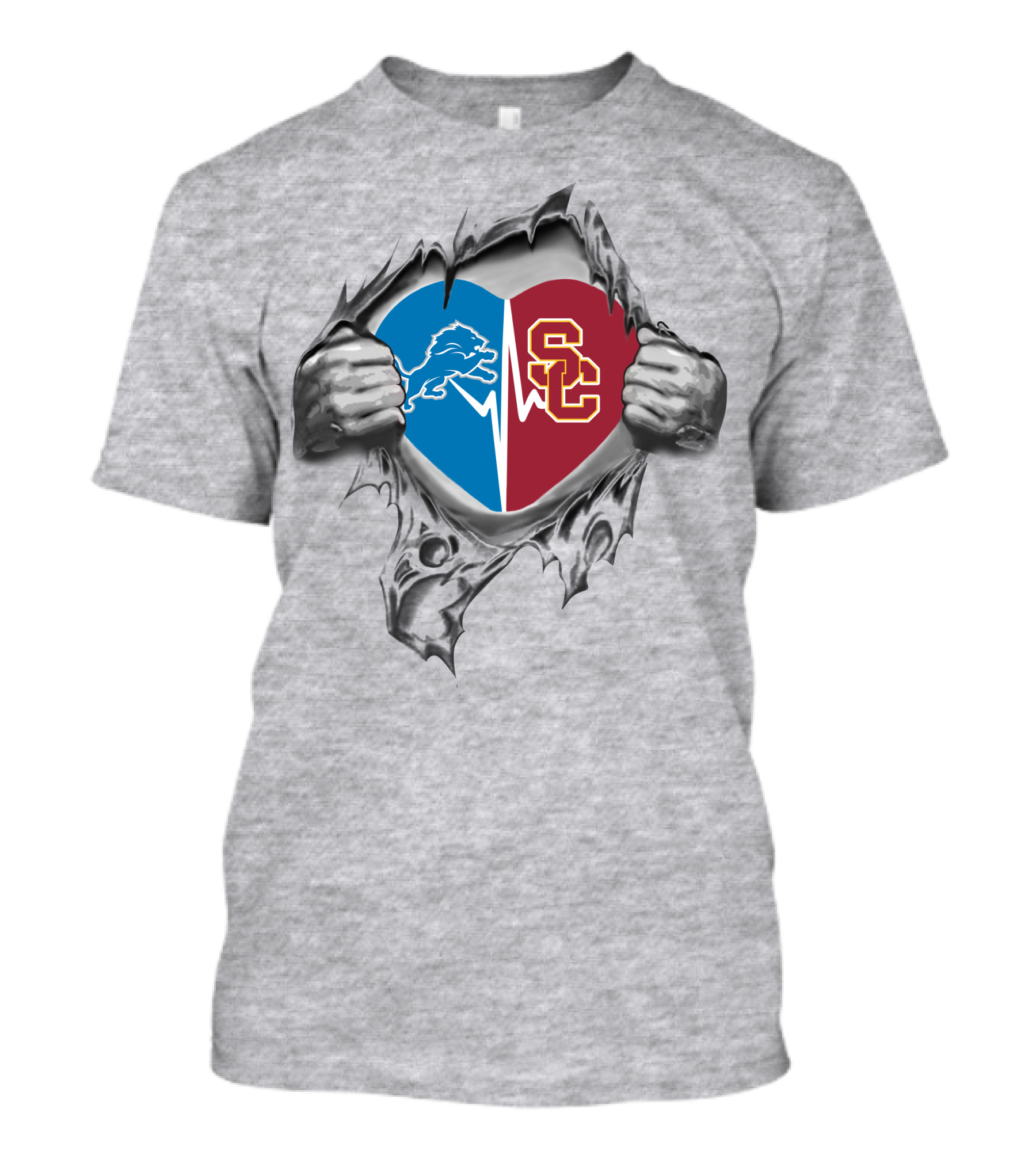 Lions Usc Trojans Heart Logo Split Pulled Open T-Shirt