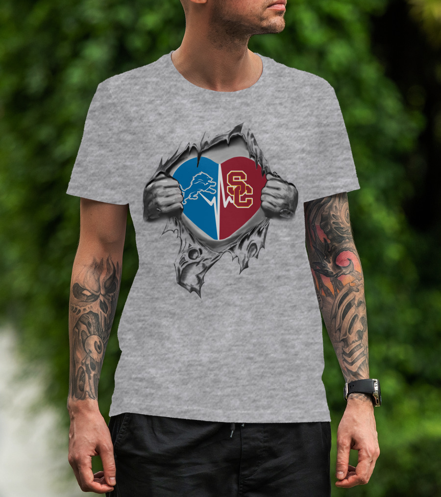 Lions Usc Trojans Heart Logo Split Pulled Open T-Shirt
