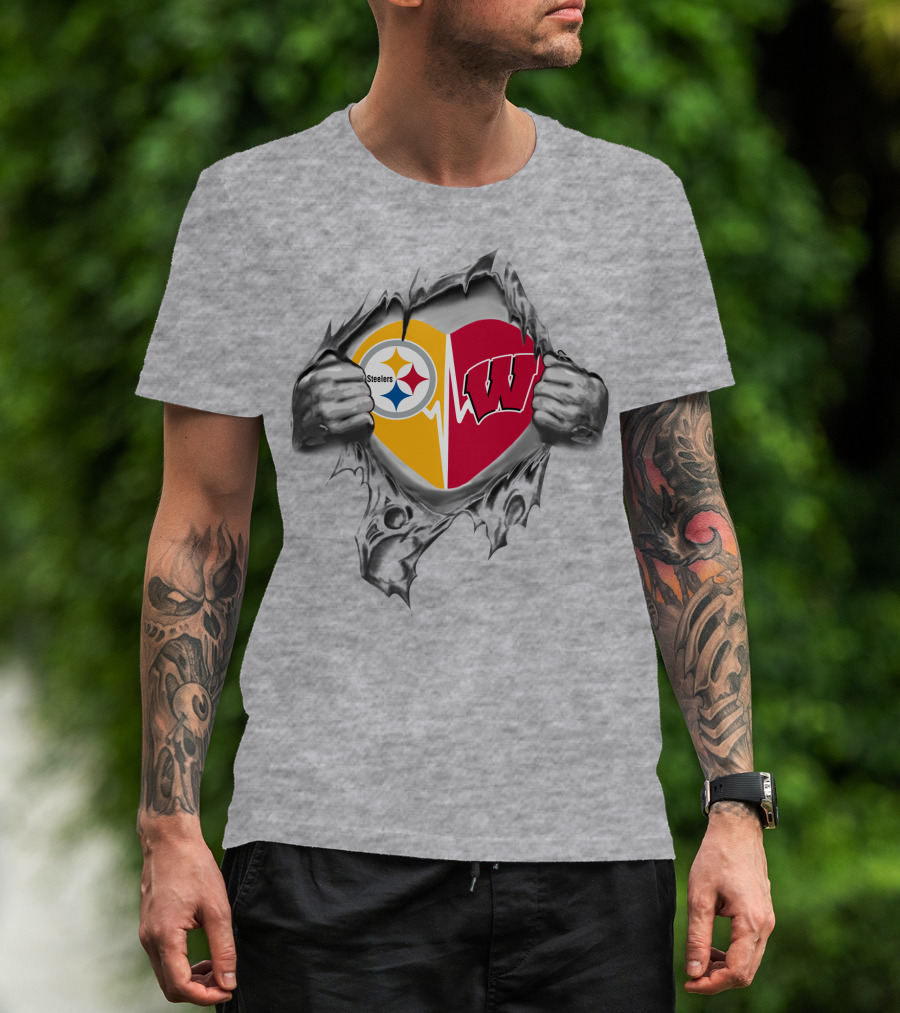 Steelers Wisconsin Badgers Heart Design With Icons T-Shirt