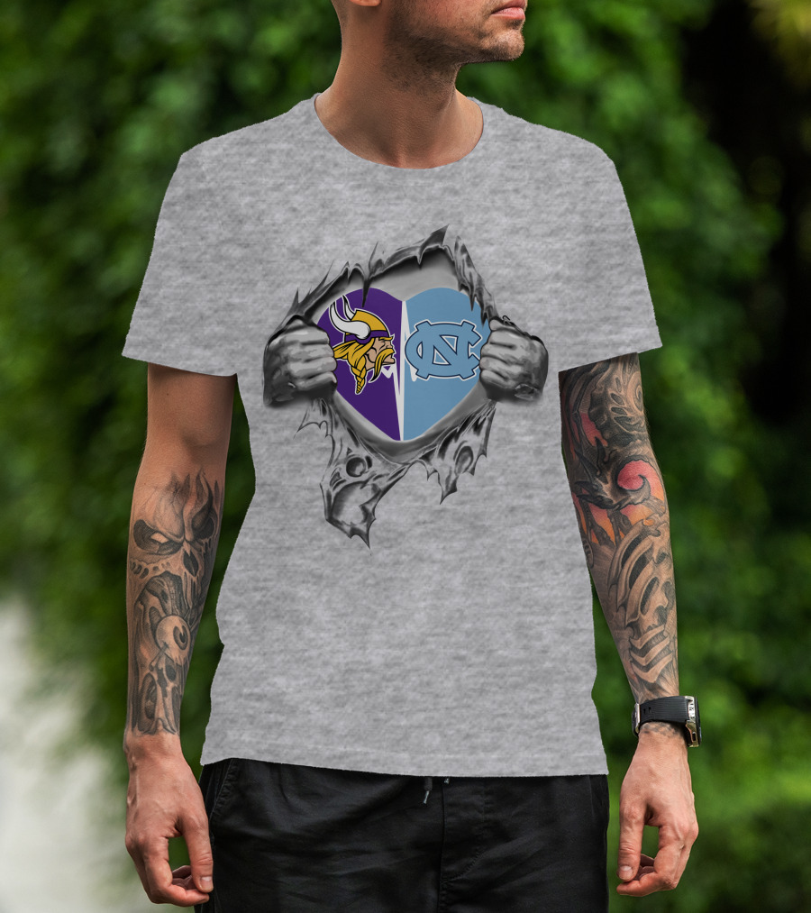 Vikings North Carolina Tar Heels It's In My Heart Logos In Torn Heart T-Shirt